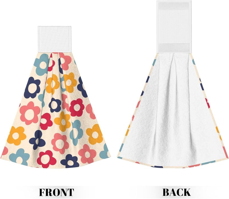 PDDCWAY Vintage Groovy Flower Hand Towels for Bathroom Set of 2 Colorful Daisy Hanging Dish Towels Spring Summer Kitchen Towel with Hanging Loop Fingertip Small Bath Tie Towel for Home Decor - Image 2